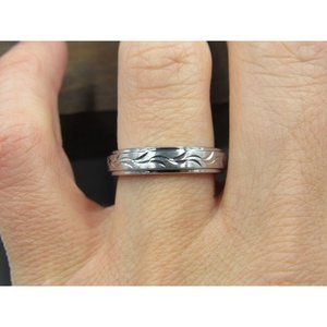 Size 7 Silver Tungsten Scrolled Flowing Pattern Heavy Band Ring